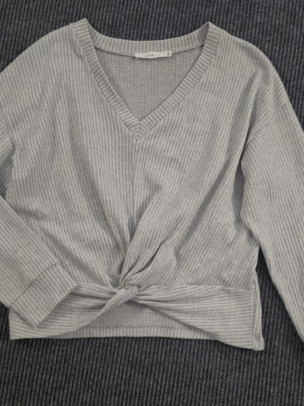 Lush Light Gray Ribbed V-Neck Knot Front Sweater